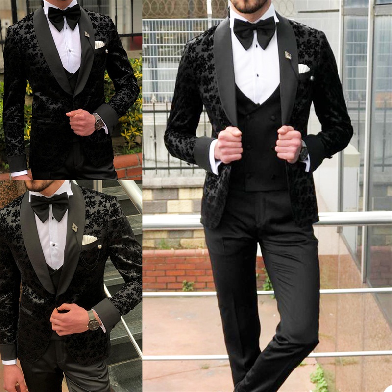 Black Printed Men Suits 3 Pieces Appliqued Custom Made Wedding Suits Lapel High Quality Fashion Formal Business Coat+Pant+Vest