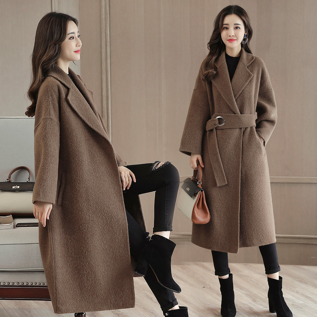 Winter Office Lady Belt Women Long Winter Wool Blend Coat Turn-down Collar Wool Coat And Jacket Loose Solid Outerwear 201027