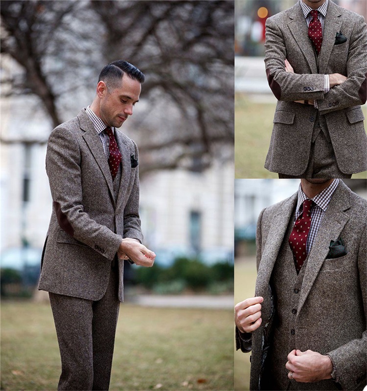 3-piece Woolen Mens Suits Gray Groom Tuxedos Handsome Lapel Slim Fit Bridegroom Formal Wear Best Mens Suit For Weddings (Jacket+Pants+Vest)