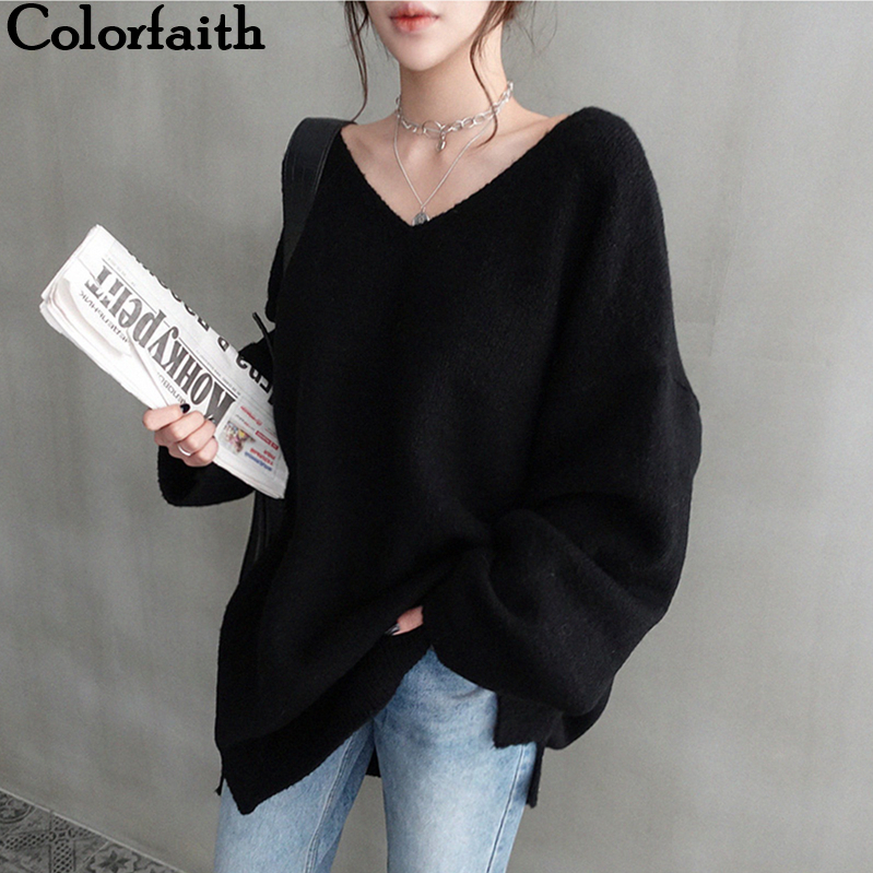 Colorfaith Autumn Winter Women's pullover Oversize Sweaters V-Neck Long Sleeve Minimalist Korean Knitted Pink Tops SW8108 201030wtt