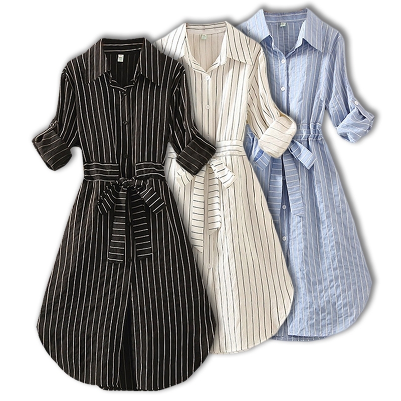 Striped Women Dress Tunic Long Sleeve Elegant Shirt Dress Blue White Black Spring Summer Ladies Casual Stripe Mini Dresses T200620