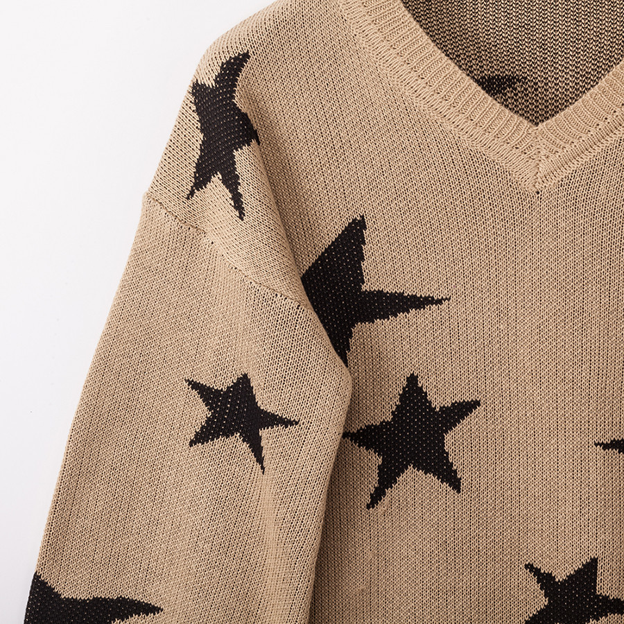 Womens Autumn Sweater Pentagram Star Knit V-neck Long Sleeve Loose Japan Woman Sweaters Female Pullovers Tops VD31001 201130