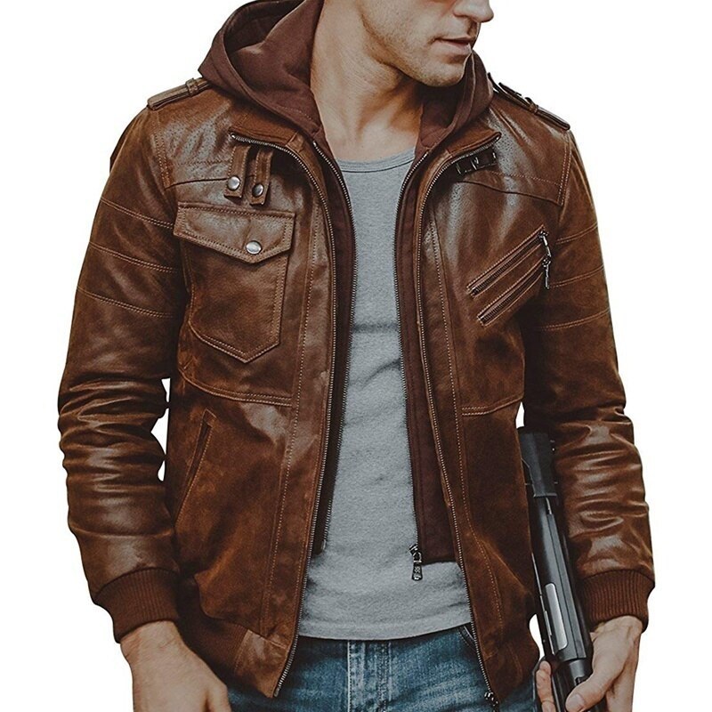 Men's Leather Jacket Autumn Winter Hooded Fur Lined Coat Man Thick Bomber Jacket With Hood Plus Size Vintage Coat Men Jackets 201014