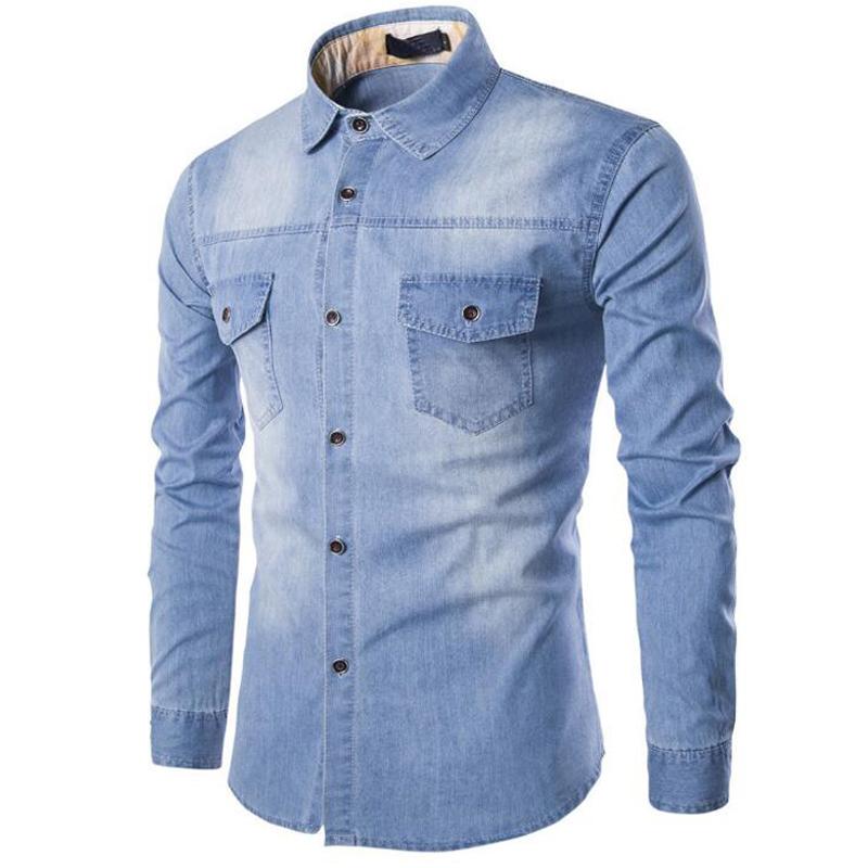 Men casual denim shirt mens fashion slim fit fitness long sleeved jeans shirts camisa social masculina plus size 5xl 6xl shirt, Blue 
Men casual denim shirt mens fashion slim fit fitness long sleeved jeans shirts camisa social masculina plus size 5xl 6xl shirt, Blue