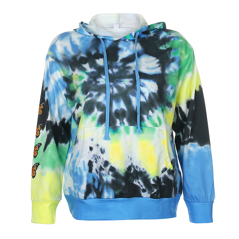 Darlingaga Streetwear Butterfly Print Tie Dye Tracksuit Women 2 Piece Set Fashion Hoodie and Sweatpants Matching Sets Sportswear T200825