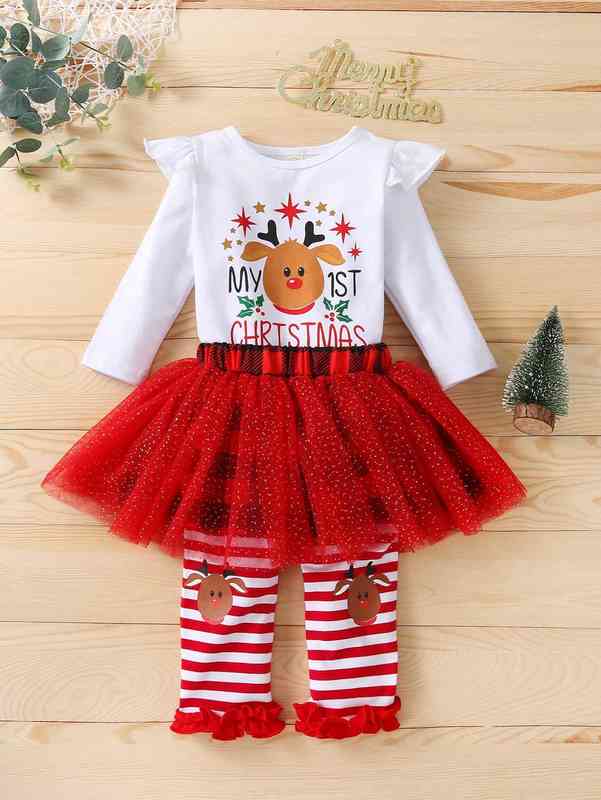 Baby Christmas & Letter Graphic Ruffle Trim Bodysuit & Skirt & Leg Warmer SHE