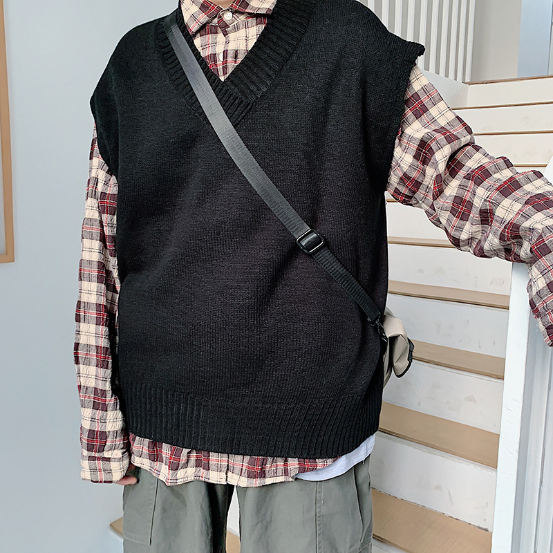 New Men Clothes Sweater male ins Korean style vneck jacket Solid Casual student Beige khaki Loose sleeveless sweater vest men 201125