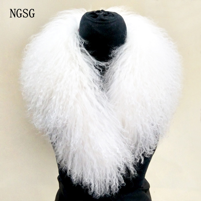 NGSG Women Real Fur Collar Solid Black Natural Genuine Mongolian Sheep Wool Scarf Coat Winter Customize Multicolors Y201007