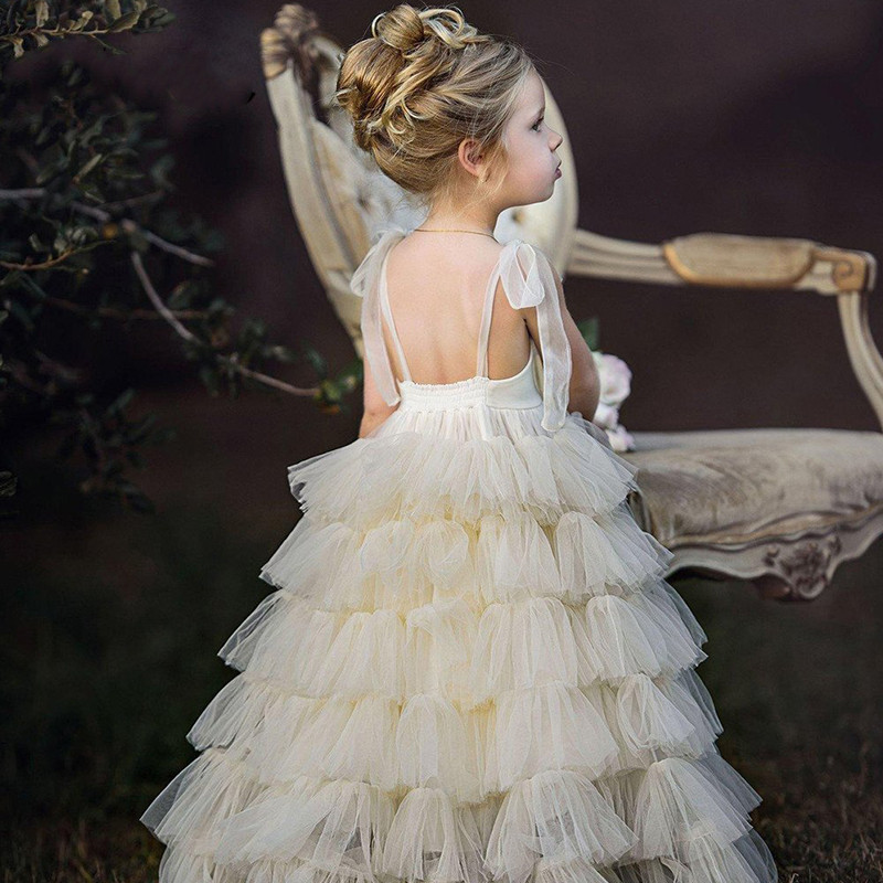 Cute Flower Girl Dress Sleeveless Straps Backless Appliques Custom Made Birthday Gowns Multilayered Ruffles Pageant First Communion Dresses