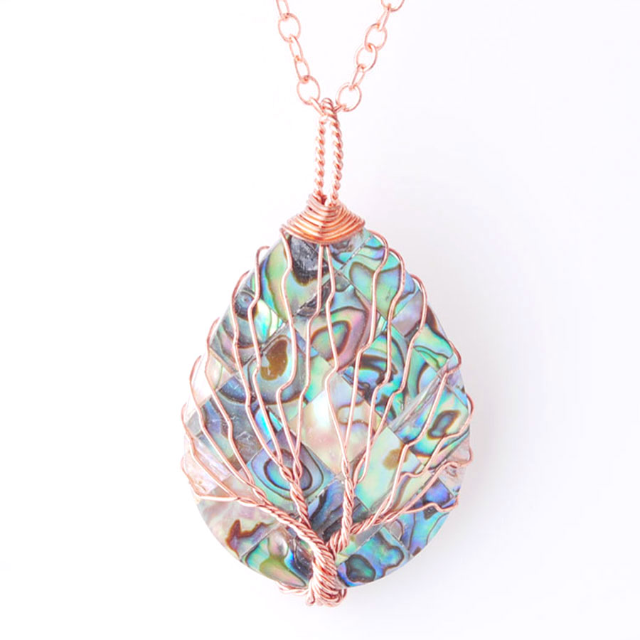 WOJIAER Tree of Life Rose Gold Wire Wrap Water Drop Bead Necklace & Pendant Natural Abalone Shell Jewelry Chain 18 Inch W9309