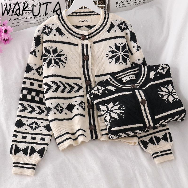 WAKUTA Oversized Single Breasted Cardigan Women Loose Vintage Geometric Pattern White Black Colorblock Knitting Tops Outerwear
WAKUTA Oversized Single Breasted Cardigan Women Loose Vintage Geometric Pattern White Black Colorblock Knitting Tops Outerwear