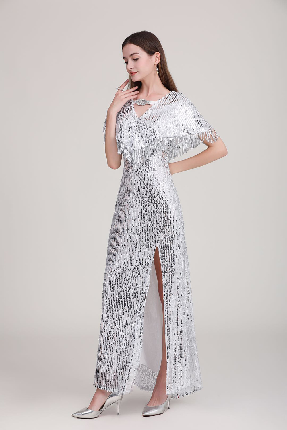 Women's Party Dress Low V Back Cape Detailing Tassels Shinning Split Elegant Long Prom Dresses