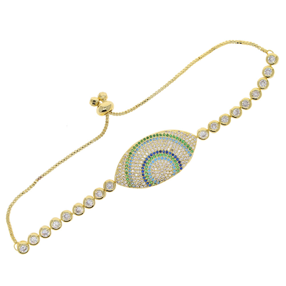 New Fashion Evil Eye Gold Color Round Tennis Bracelet Bangle for Women paved Color cz Adjustable Luxury Jewelry for Wedding Engagement Gift