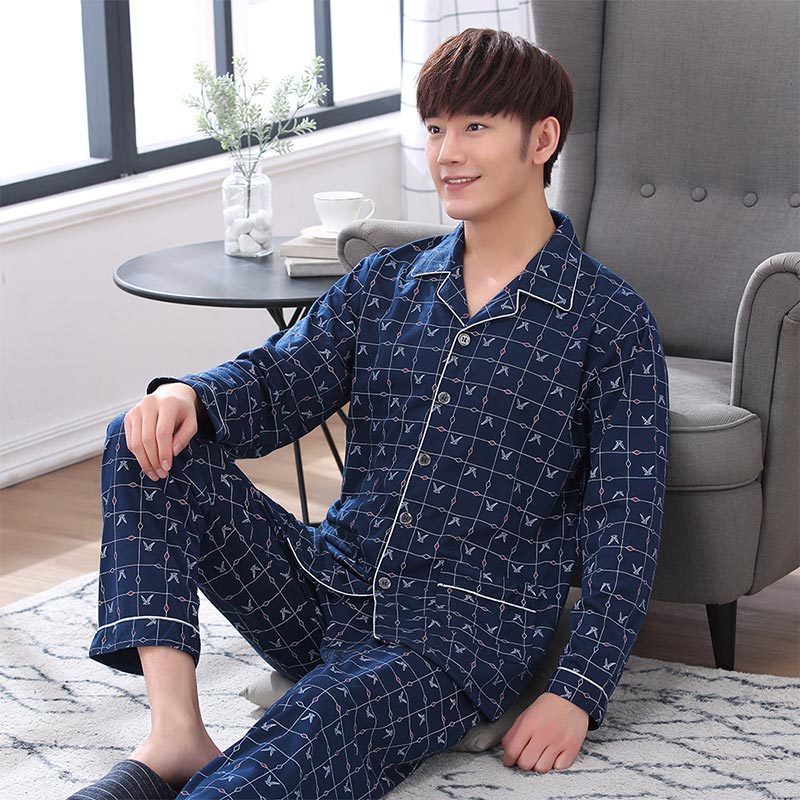 Striped Cotton Men's Long Sleeve Pyjamas Set Spring Turn Down Blue Male Nightwear Pants Pajama Sets Korean Sleepwear Suits 201111