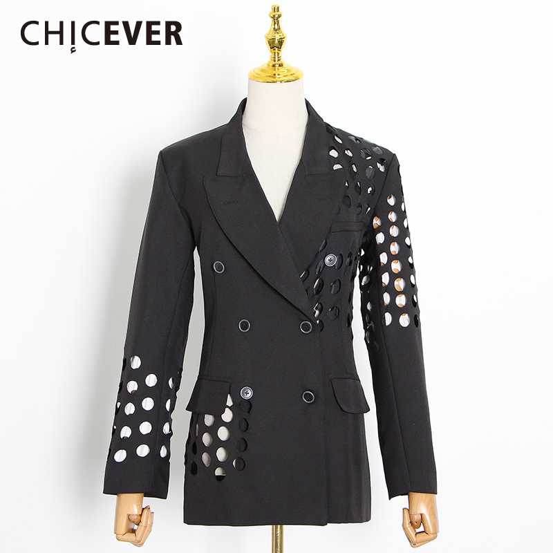 

CHICEVER Designer Blazer For Women Notched Collar Long Sleeve Hollow Out Hole Patchwork Pockets Coats Female 2020 New Clothing, Black