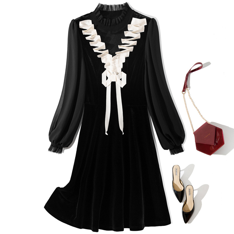 2021 Spring Long Sleeve Stand Collar Black Contrast Color Velour Ribbon Tie Bow Panelled Knee-Length Dress Elegant Casual Dresses YJ185910
2021 Spring Long Sleeve Stand Collar Black Contrast Color Velour Ribbon Tie Bow Panelled Knee-Length Dress Elegant Casual Dresses YJ185910