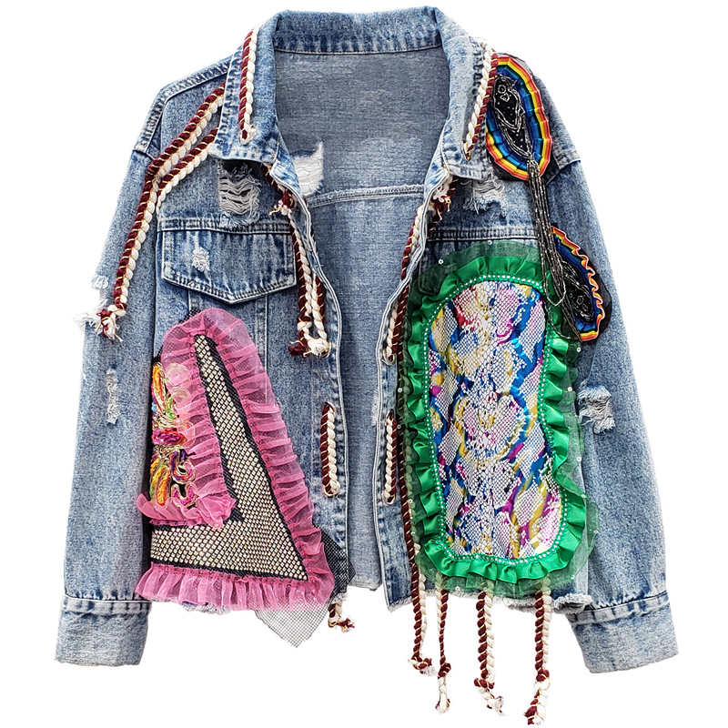 DEAT Autumn Winter Long Sleeve Turn Down Collar Vintage Holes Mesh Patchwork Blue Denim Jacket Women Coat Streetwear MJ999 201126