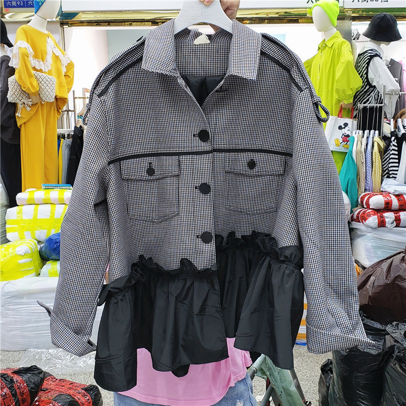[EWQ] Autumn Long-sleeved Plaid Ruffle Stitching Bomber Jacket For Ladies Turn-down Collar Contrast Color Trend Overcoats 201026