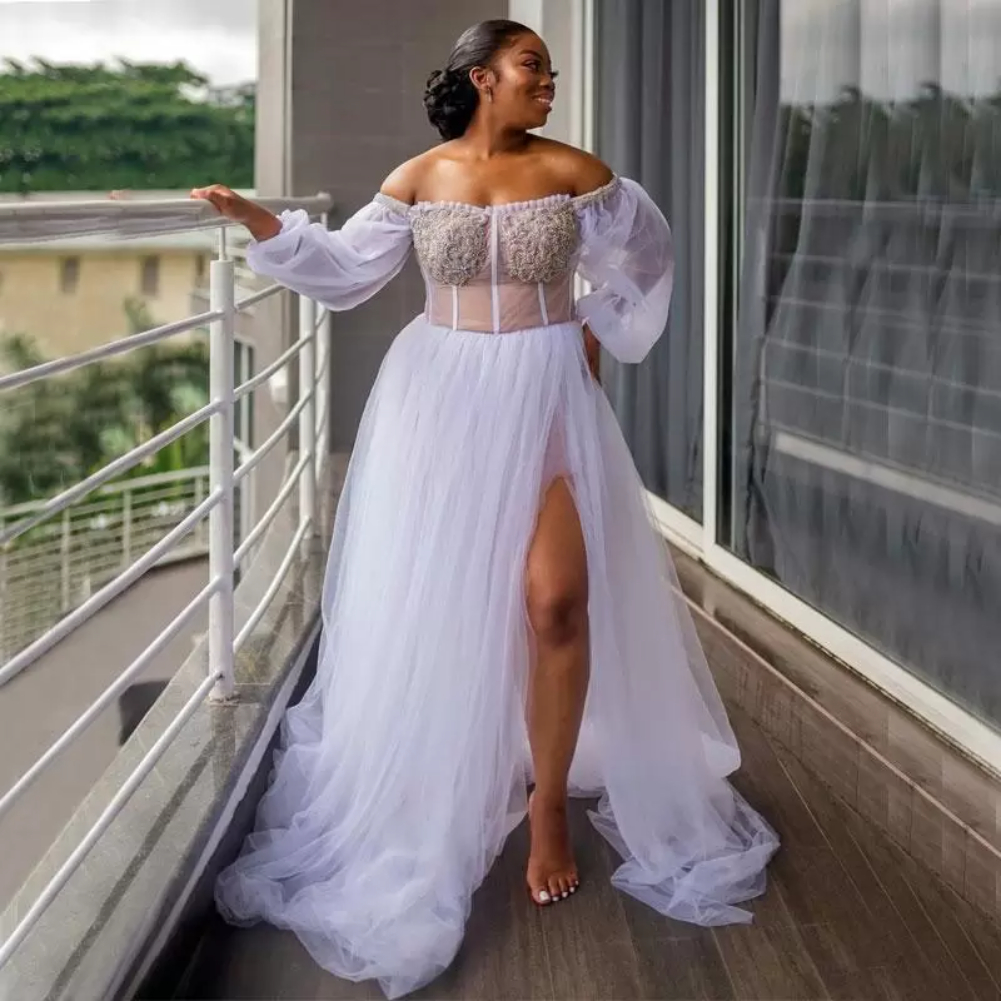 2022 White Wedding Gowns African Plus Size Off Shoulder Long Sleeve Beaded Crystal Aso Ebi Arabic Side Split Bridal Dresses Vestido De Novia
2022 White Wedding Gowns African Plus Size Off Shoulder Long Sleeve Beaded Crystal Aso Ebi Arabic Side Split Bridal Dresses Vestido De Novia