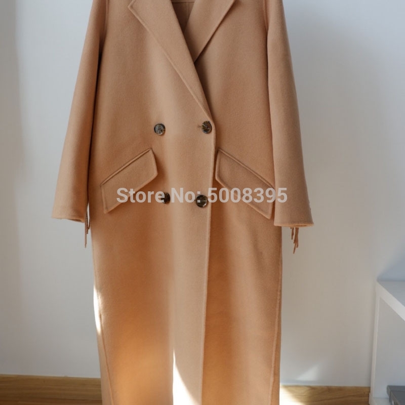 Woman Camel COLOR LONG 100% WOOL Trench Coat BACK Long TASSELS Sleeves Front Double Breasted Lapel Collar Fashion Coats 201222