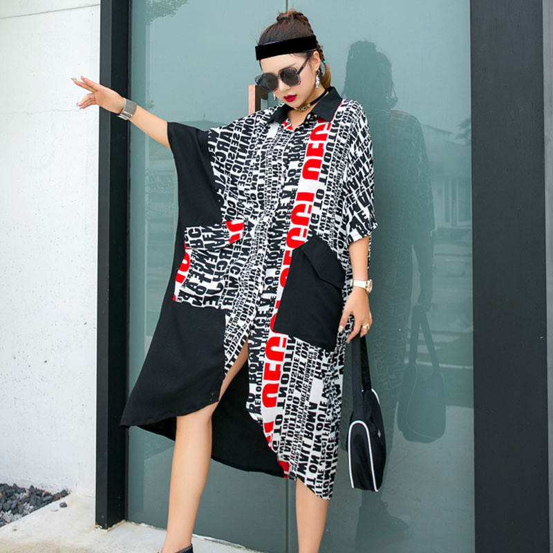 XITAO Plus Size Irregular Blouse Fashion New Women Pocket Summer Elegant Goddess Fan Split Casual Print Letter DMY5036 201126