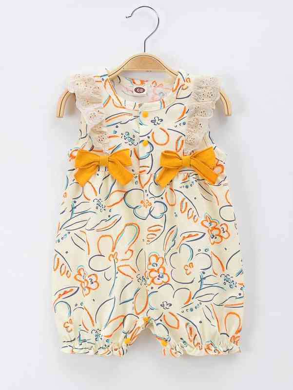 Baby Girl Double Bow Ruffle Plants Print Romper SHE
