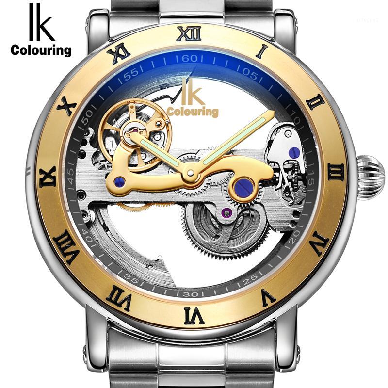 Wristwatches Genuine Ik Colouring Creative Hollow Automatic Mechanical Watch Design Watches Steel Brand Men Skeleton Relogio Masculino1, Dark coffee gold