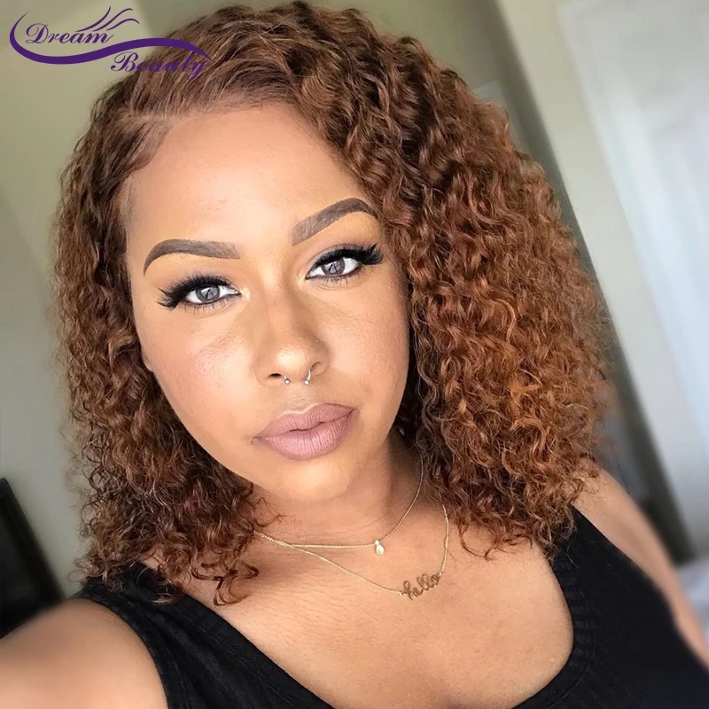 Free shipping Free part brown Color Short Curly 13X4 brazilian Lace Front Wigs With Baby Hair natuial synthetic Wig For Women