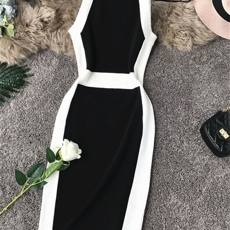 Autumn Office Ladies Fashion Knitted Sheath Halter Neck Knee-length Dress Women Brief Halter Slim One-step Middle Dress T200526