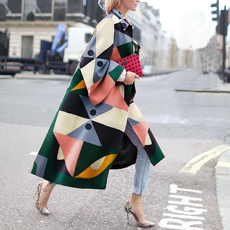Women Winter Coat Long Length Flared Sleeve Printed Loose Windbreaker Straight Type Lapel Women Coat 201211