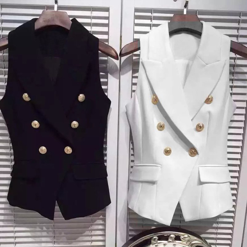 HIGH QUALITY New Fashion Career Style Women's Gold Buttons Double Breasted Vest Outerwear White/Black 201102