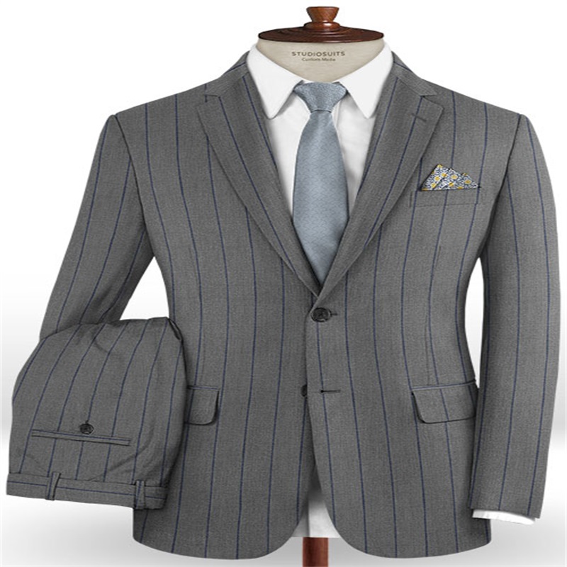 Handsome Men Suits Stripe Design Notch Lapel Wedding Tuxedos 2 Piece Gray Vintage Tailored Fit Suits For Best Man Custom Made