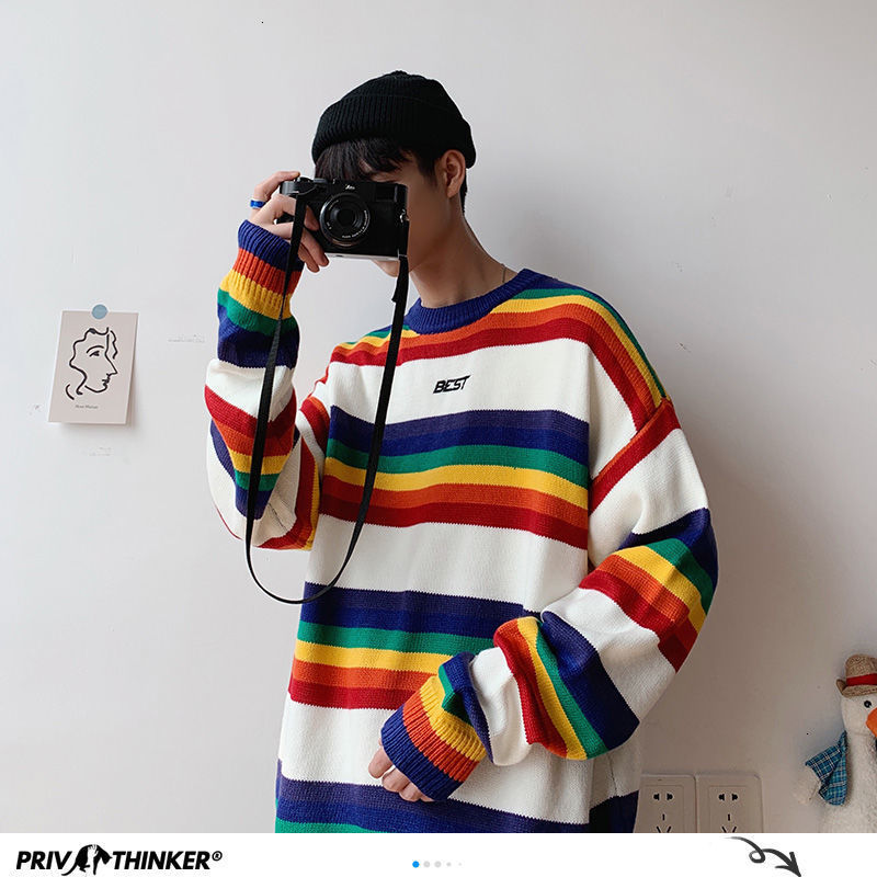 Privathinker Harajuku Autumn Men's Knitted Sweaters Korean Men Rainbow Striped Pullovers Women Casual Oversized Sweater Top 201028