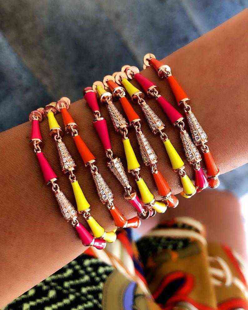 High Quality Gold Color Summer Winter Selling Rainbow Colorful Jewelry Neon Enamel Bullet Beaded Bracelet 220117