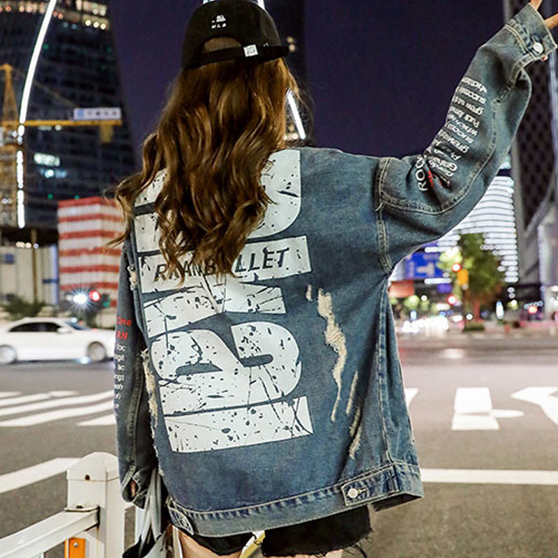 ins women coat autumn red fashion Korean style pocket letter print casual loose denim jackets female mujer bomber jacket 201017