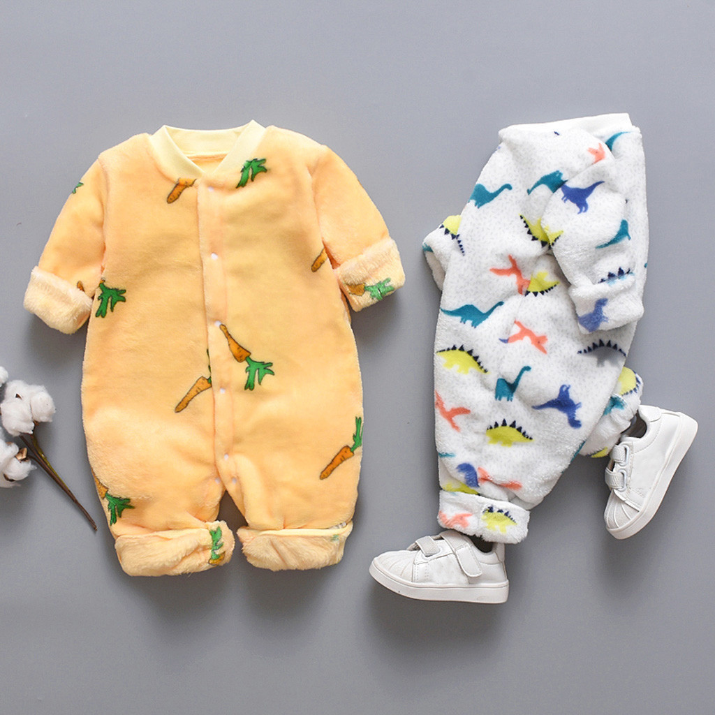 Baby Cartoon Dinosaur Winter Clothing Newborn Girl Boy Rompers Fleece Warm Romper Jumpsuit Soft Pajamas 3-18M 201028