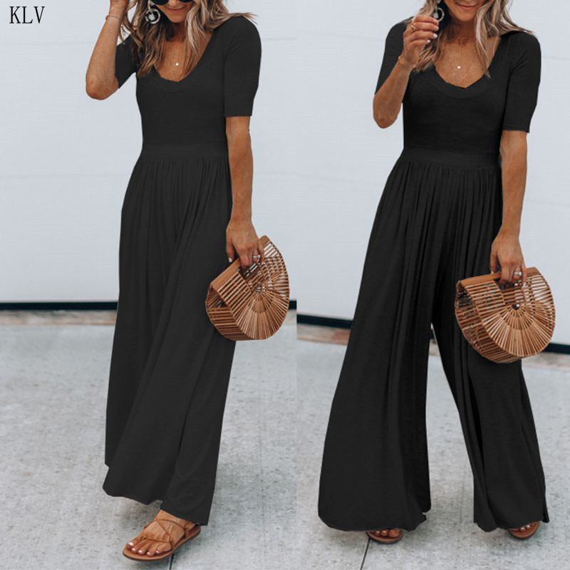 Women Vintage Short Sleeve Jumpsuit Summer O Neck Long Wide Leg Solid Overall Jumpsuits Romper T200509