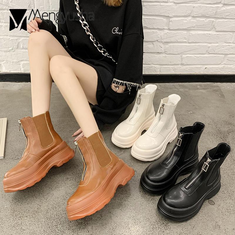 Muffins shine pu platform boots women elastic round toe short botas wedges high heels motorcycle bottes front zipper booties2020