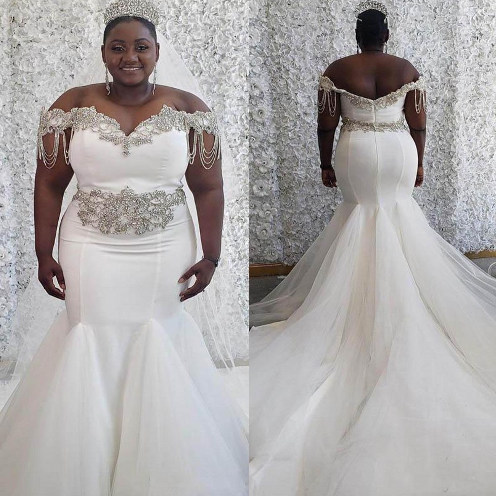 Size Attractive Plus Beaded Mermaid Wedding Dresses Off The Shoulder Neck Crystals Bridal Gowns Sweep Train Tulle Robe De Marie
