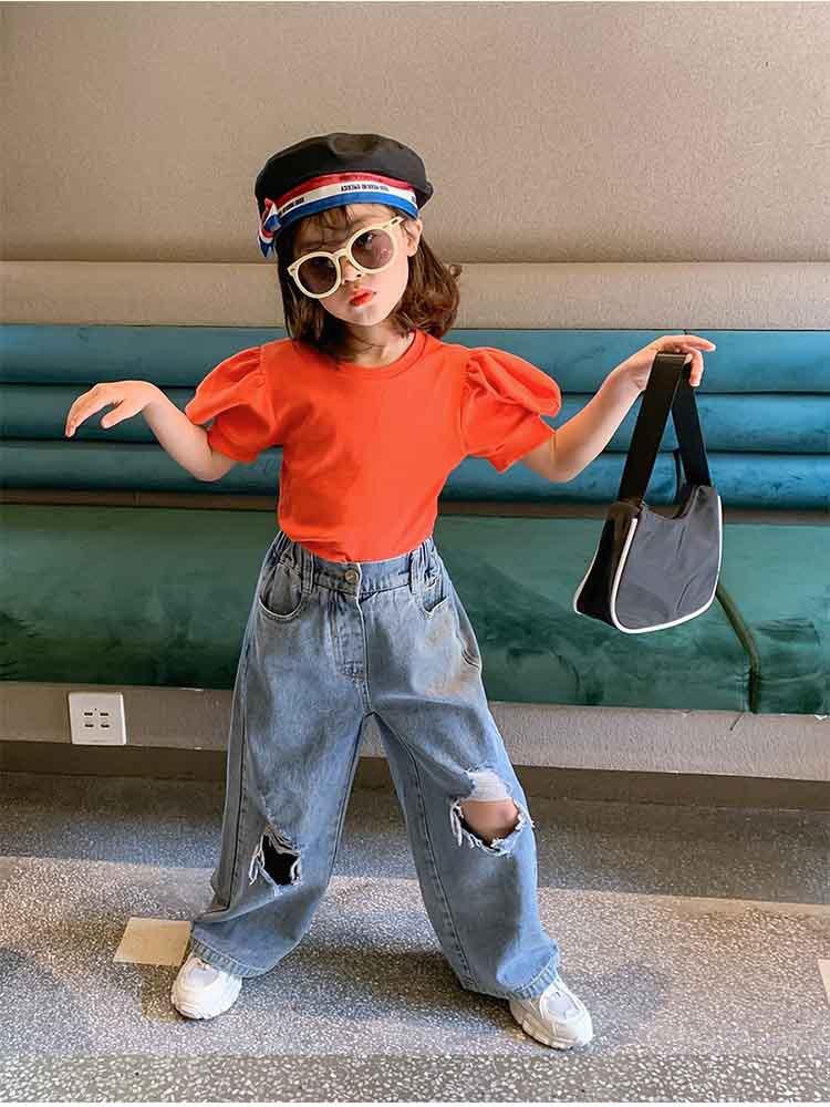 Jeans Girls Denim Wide-leg Pants 2021 Spring Autumn Loose Girl Bell Bottom Broken Hole Kids