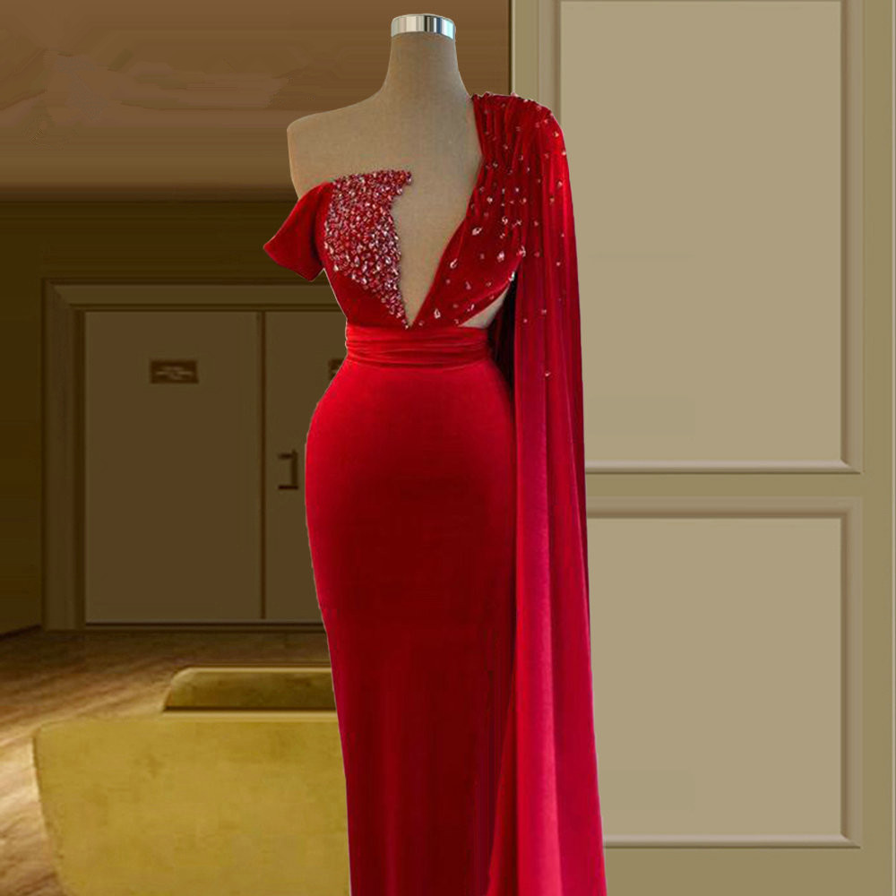 elegant red velvet long evening dresses with wrap beaded vestidos formales prom gowns for women
