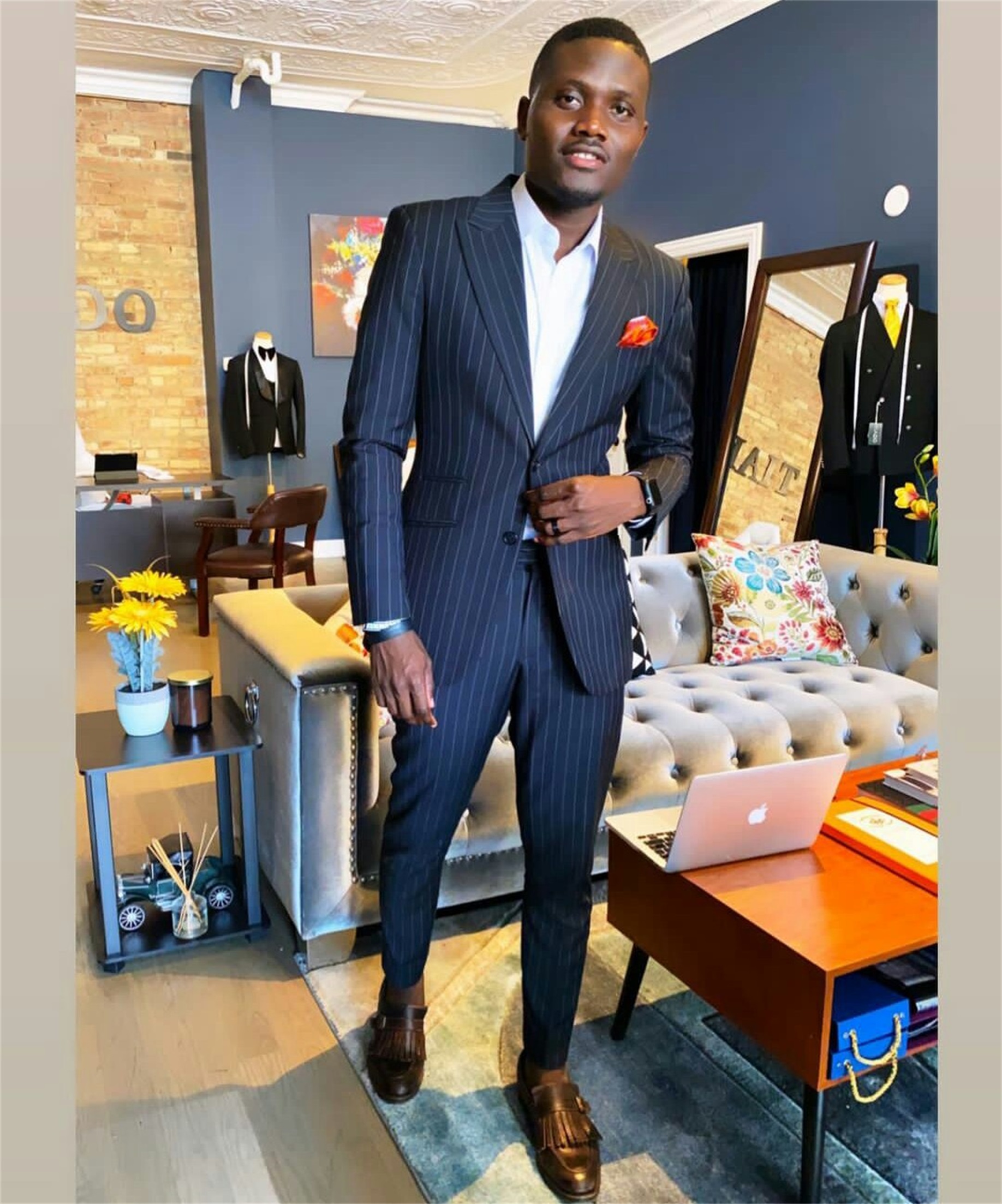 Slim Fit Navy Striped Mens Suits 2 Pieces Groom Best Man Pants Suit Business Wedding Tailored Blazer Jacket (Jacket+Pants)