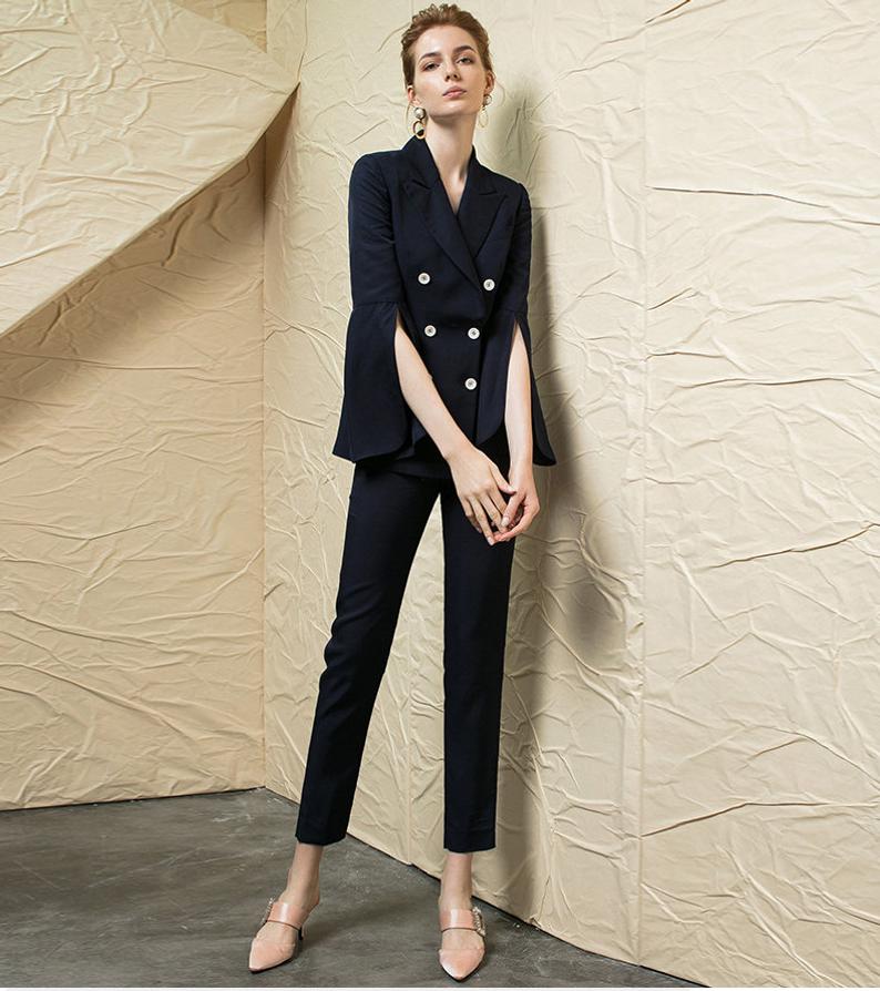 Navy Double Breasted Mother Of The Bride Pant Suits Bridal Suit Blazer Pants Coat Formal Business Party Prom Evening Tuxedos