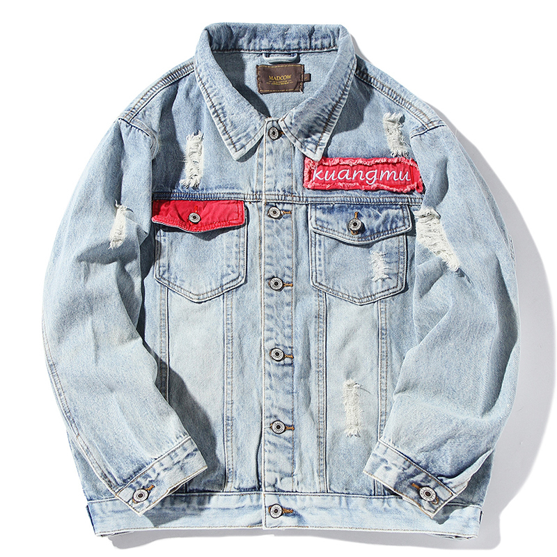 Letter Embroidery Patch Mens Denim Jacket Blue Washed Ripped Streetwear Jeans Jacket Autumn New Cotton Outwear Men R2354 T200502