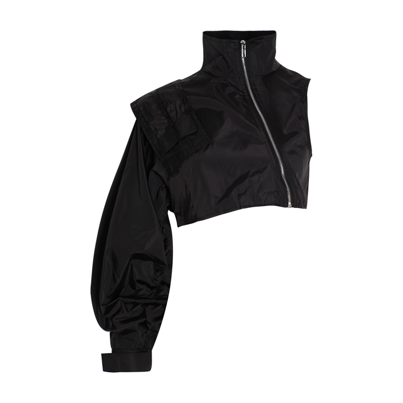 TWOTWINSTYLE Streetwear Short Women's Jacket Stand Collar Lantern Sleeve One Shoulder Asymmetrical Coat Female Fashion New 201023