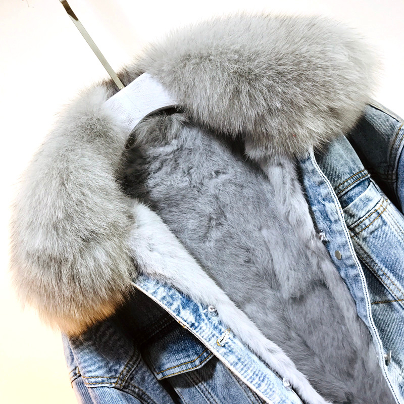 Winter New Women Warm Coat Real Fox Fur Collar Natural Rabbit Hair Liner Denim Jacket Slim Jean thick Outwear T200915