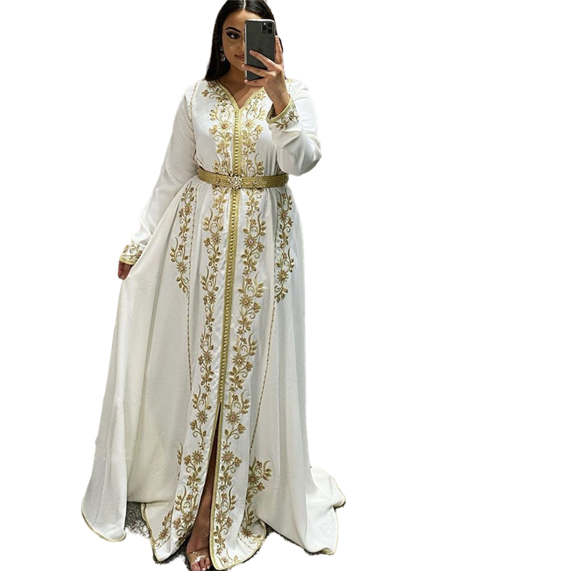 Elegant Moroccan Kaftan Evening Dresses Gold Beaaded Caftan Dresses Embroidery Lace Dubai muslim Woman Formal Party Gowns For Mariage Reception Prom D