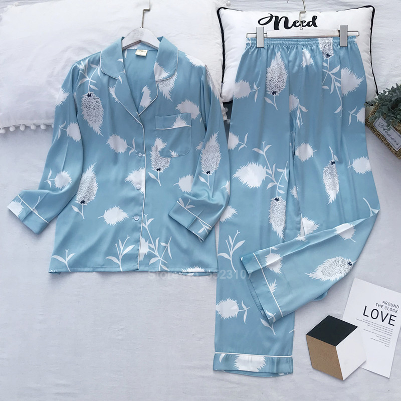 2PCs Pajamas Set for Women Casual Sleepwear Silk Comfortable Top Trousers Clothing Suit Smooth Home Lounge Wear Pyjamas PJs 210203