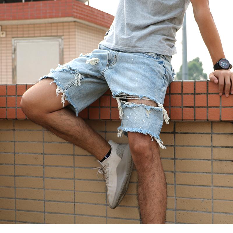 Men's Denim Cowboy Shorts, Summer Casual Hole Jeans Short Pants, Hip Hop Beggar Zipper Shorts Streetwear B4