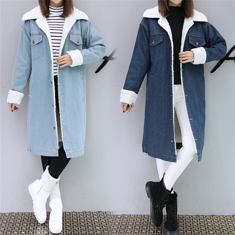 Hodisytian Winter Fashion Women Trench Thick Coat Full Sleeve Fleece Warm Slim Long Denim Windbreaker Outerwear Casaso Femme 201211